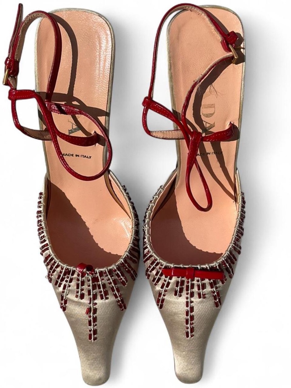 Vintage Prada SS 2000 Beige/Red Embellished Kitten Heels